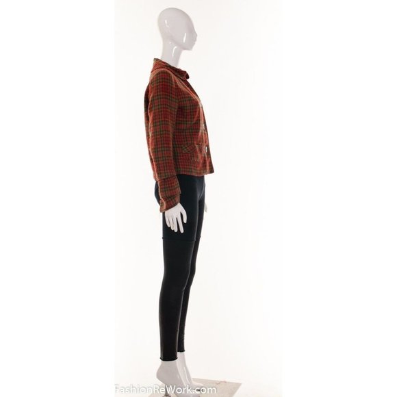 50s RED Plaid Tweed Cropped Jacket Long Sculptural Sleeves Red Plaid Jacke - Picture 3 of 5